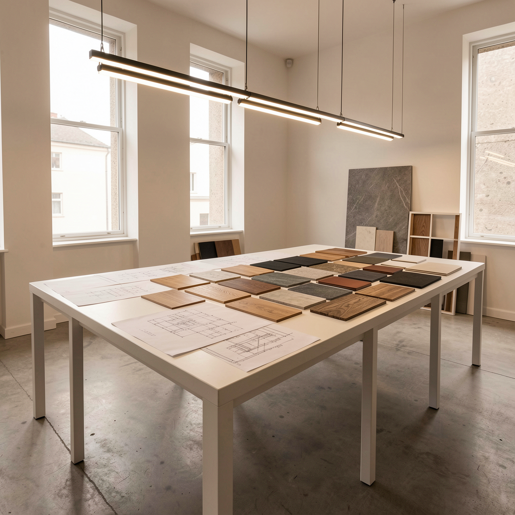 Mesa de estúdio de arquitetura com amostras de materiais