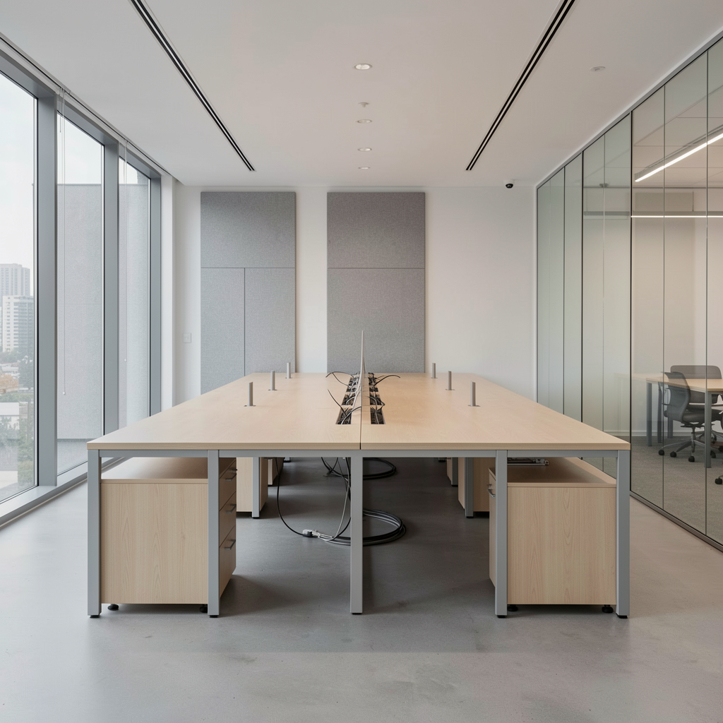 Open space corporativo com mobiliário de escritório em madeira